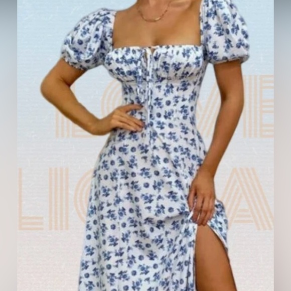 Floral Puff Sleeve Dress with Front Split Size S - Picture 2 of 10